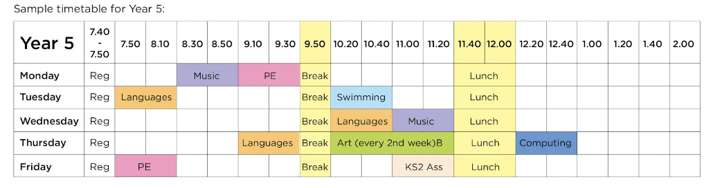 Year 5 timetable